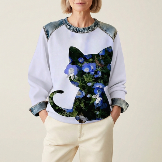 Whitney - Lavender Cotton Sweater Featuring Cat and Blue Floral Design