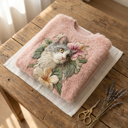 Ingrid - Pink Cotton Jumper Featuring Grey Cat and Floral Design