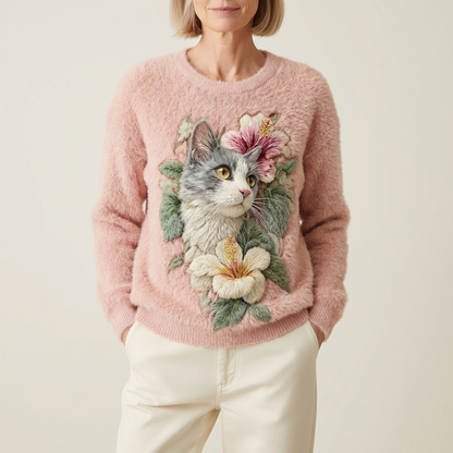 Ingrid - Pink Cotton Jumper Featuring Grey Cat and Floral Design