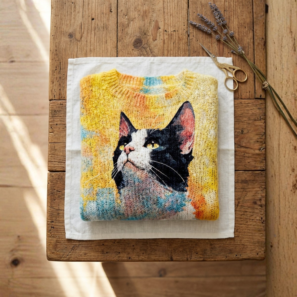 Sloane - Vibrant Cat-Patterned Yellow Cotton Sweater