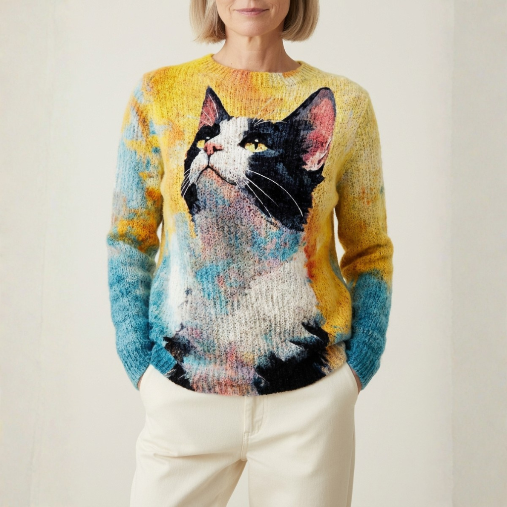 Sloane - Vibrant Cat-Patterned Yellow Cotton Sweater
