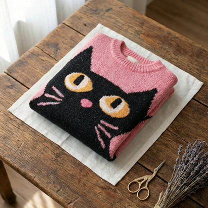 Alexis - Black Cat Face Design Cotton Sweater