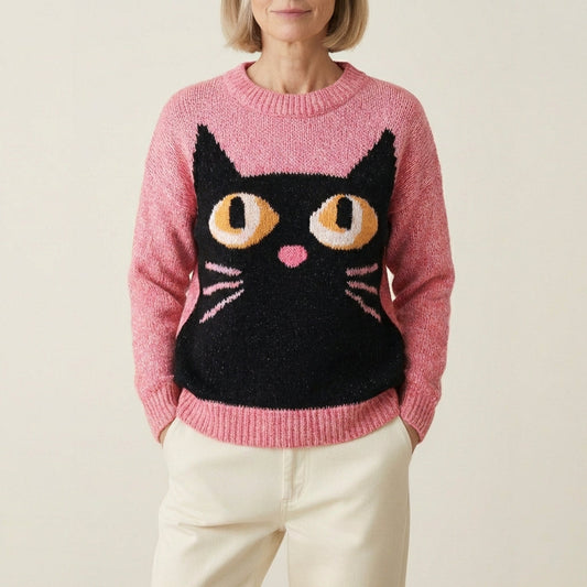 Alexis - Black Cat Face Design Cotton Sweater
