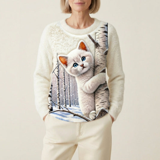 Dakota - Birch-Patterned Cotton Sweater Featuring a White Cat