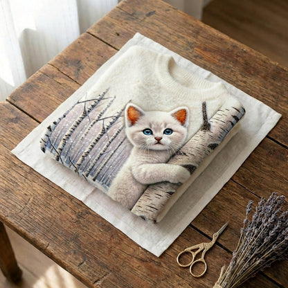 Dakota - Birch-Patterned Cotton Sweater Featuring a White Cat