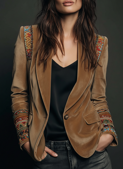 Embroidered Bohemian-Style Blazer in Polyester Velvet