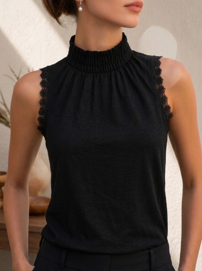 High Neck Lace-Trim Sleeveless Blouse
