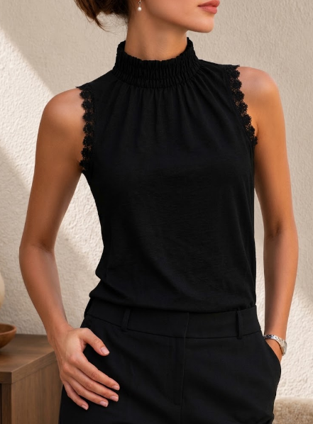 High Neck Lace-Trim Sleeveless Blouse