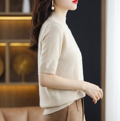 Ribbed Mock-Neck Short-Sleeve Knit Top
