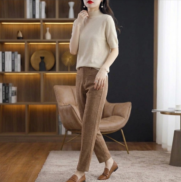 Ribbed Mock-Neck Short-Sleeve Knit Top