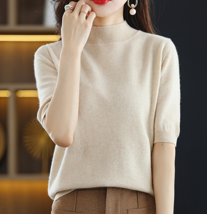 Ribbed Mock-Neck Short-Sleeve Knit Top