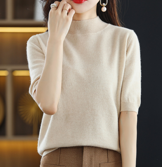 Ribbed Mock-Neck Short-Sleeve Knit Top