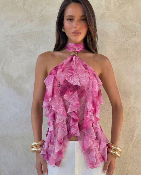 Ruffled High-Neck Sleeveless Chiffon Blouse