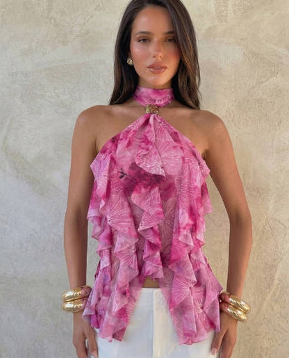 Ruffled High-Neck Sleeveless Chiffon Blouse