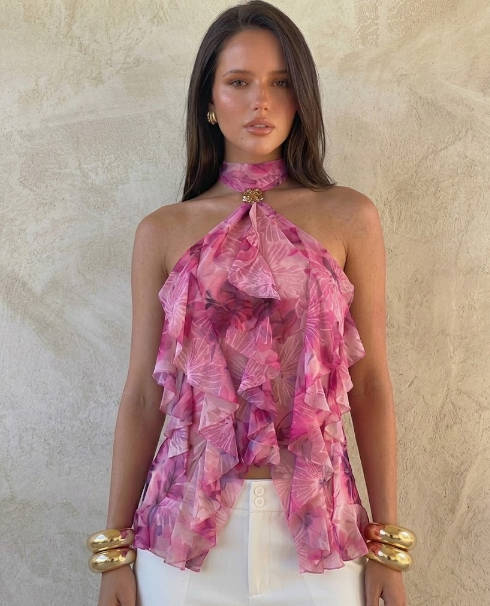 Ruffled High-Neck Sleeveless Chiffon Blouse