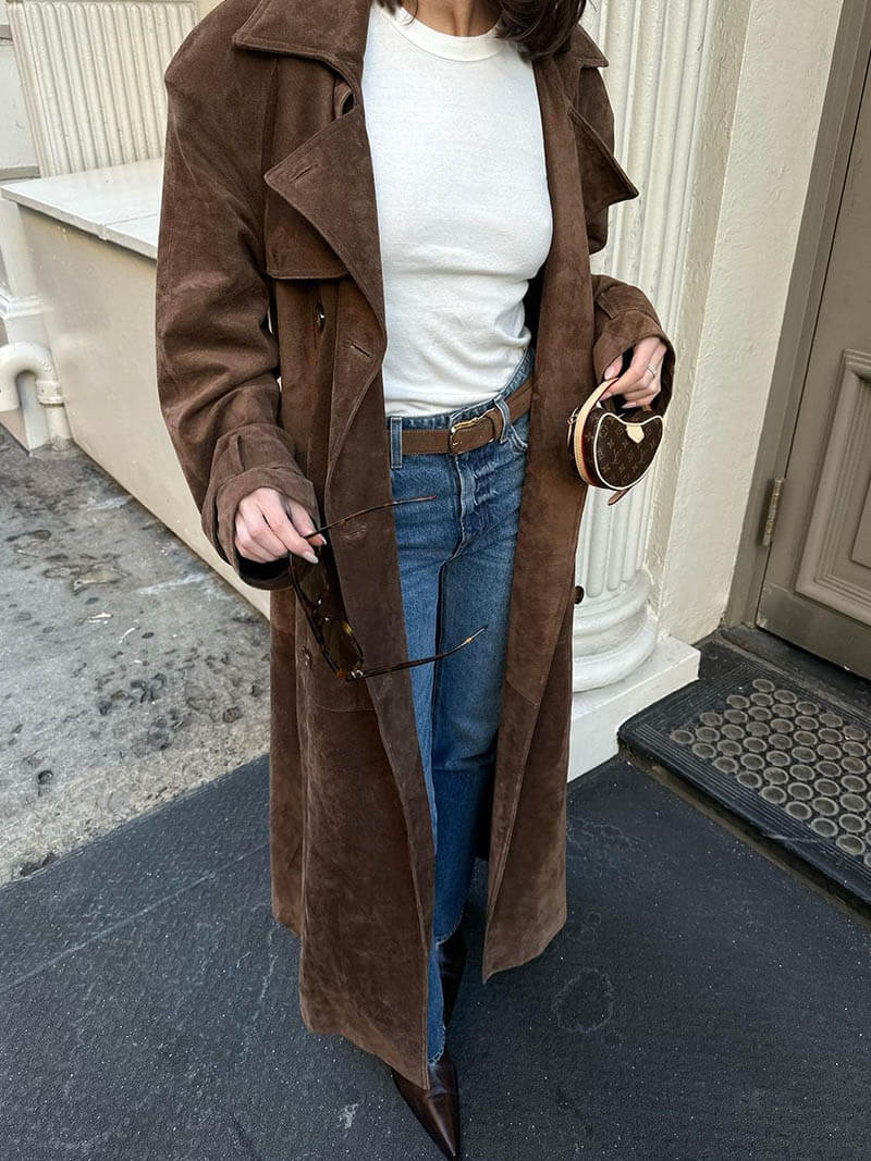 Nadine | Chic Long Suede Trench Coat with Waist Belt