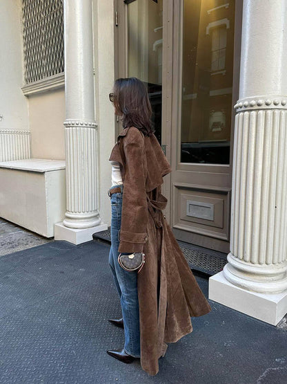 Nadine | Chic Long Suede Trench Coat with Waist Belt