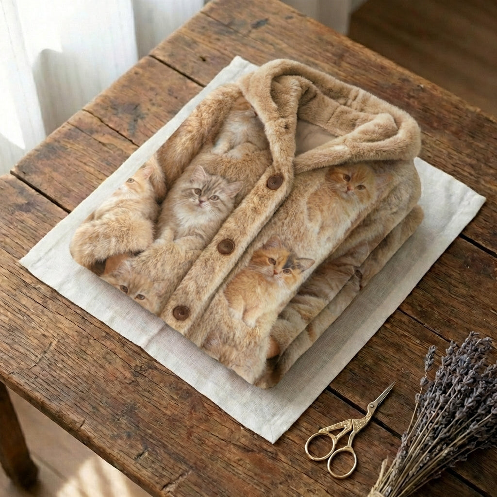 Natalie - Beige Wool Vest Featuring Playful Cat Designs