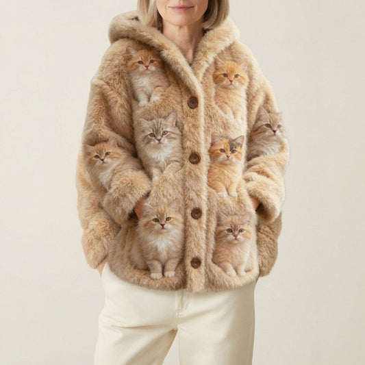Natalie - Beige Wool Vest Featuring Playful Cat Designs