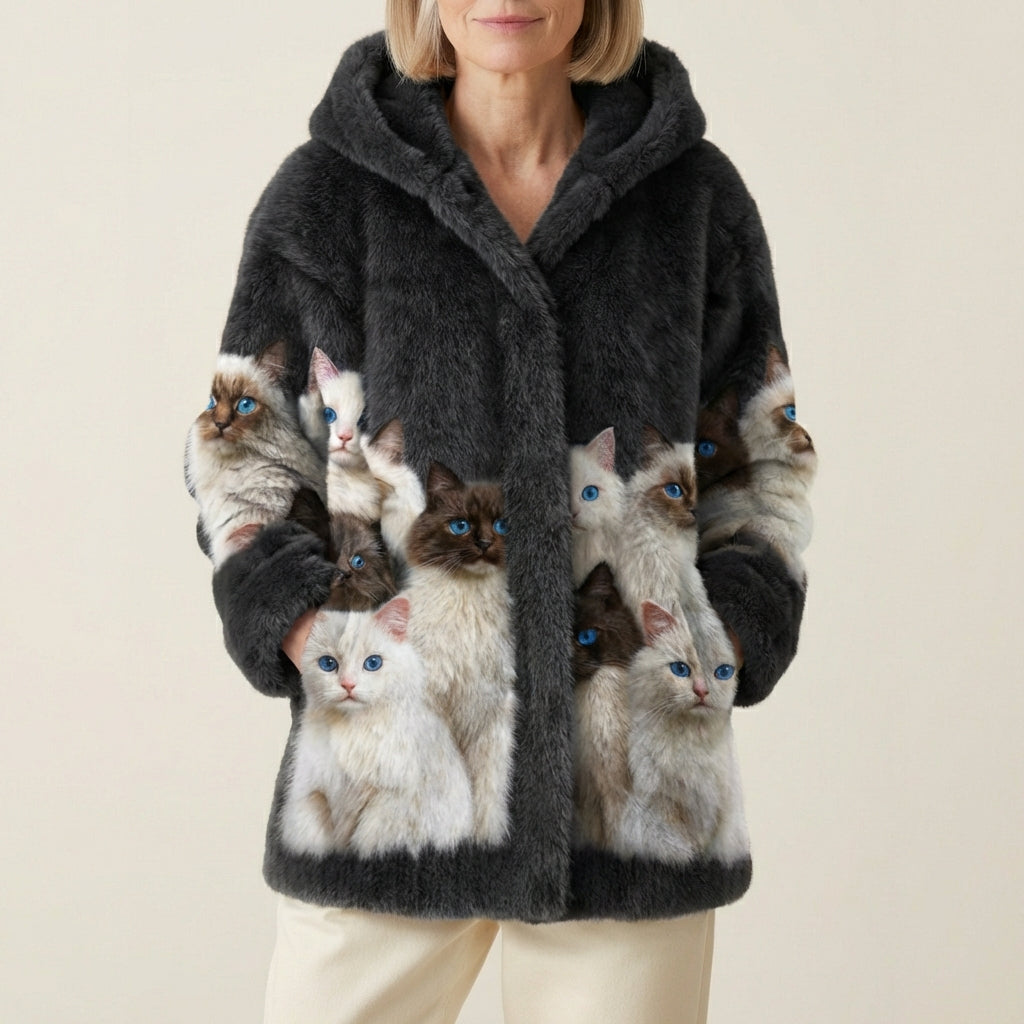 Jordyn - Cat Print Wool Vest in Black and White