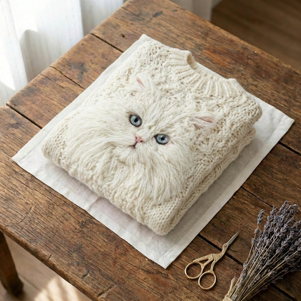 Emery - Cozy Wool Sweater Featuring a Fluffy White Cat Design