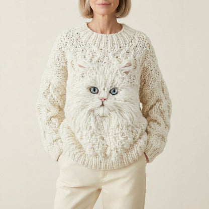 Emery - Cozy Wool Sweater Featuring a Fluffy White Cat Design