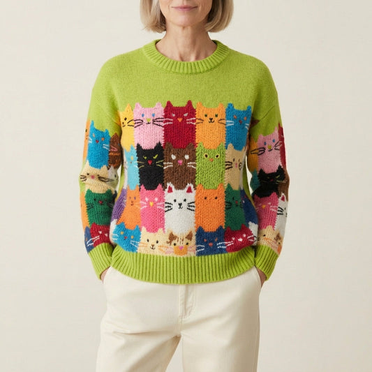 Finley - Rainbow Cat Grid Pattern Wool Sweater