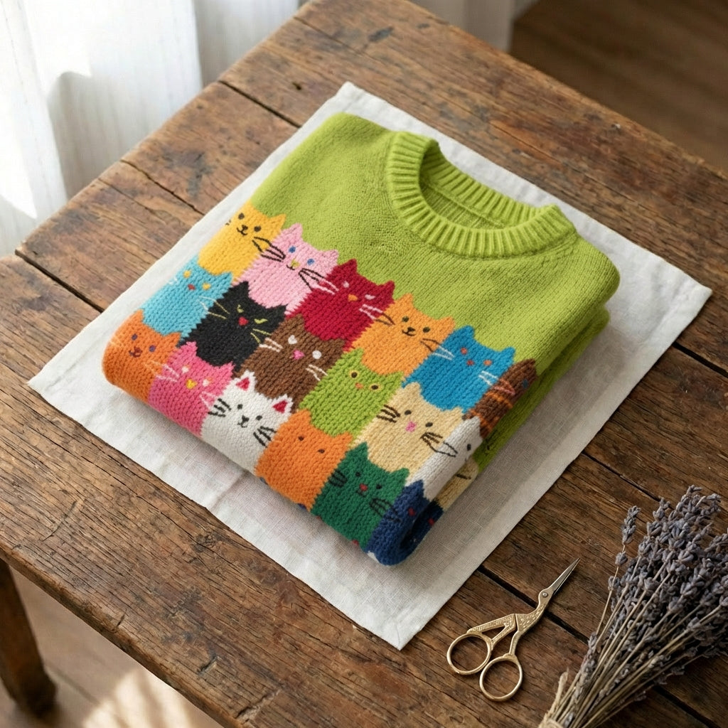 Finley - Rainbow Cat Grid Pattern Wool Sweater