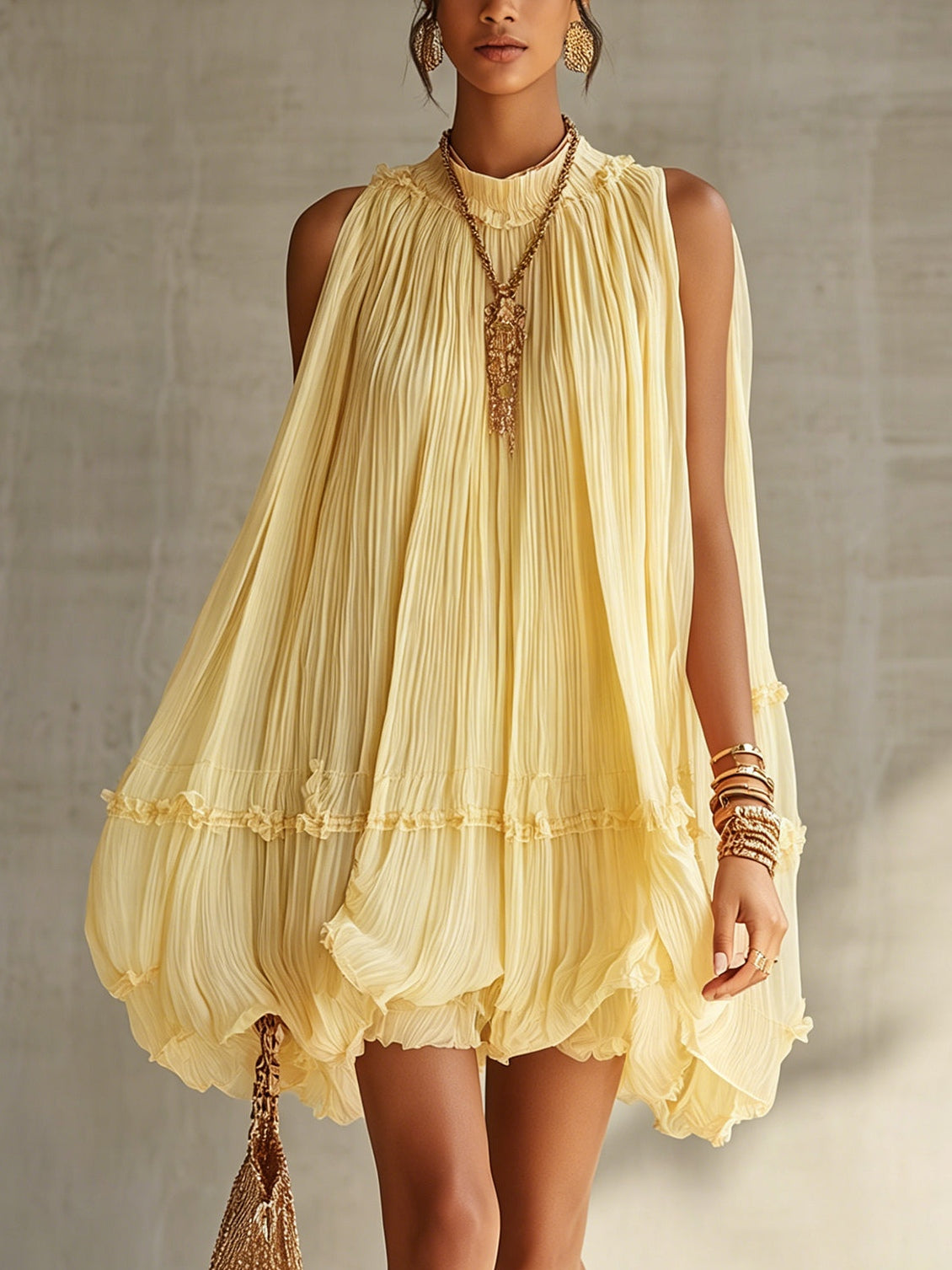 Zoe - Halter Neck Ruffled Chiffon Bubble Mini Dress