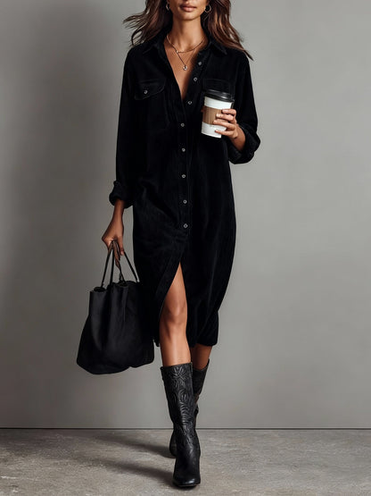 Jessy - Loose Corduroy Double Chest Pocket Breasted Midi Dress