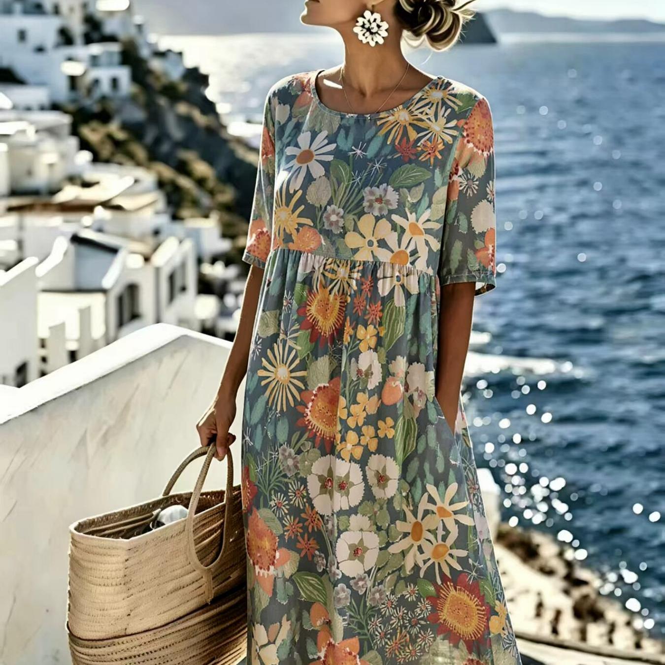Evie™ - Elegant Midi Dress with Summer Flowers