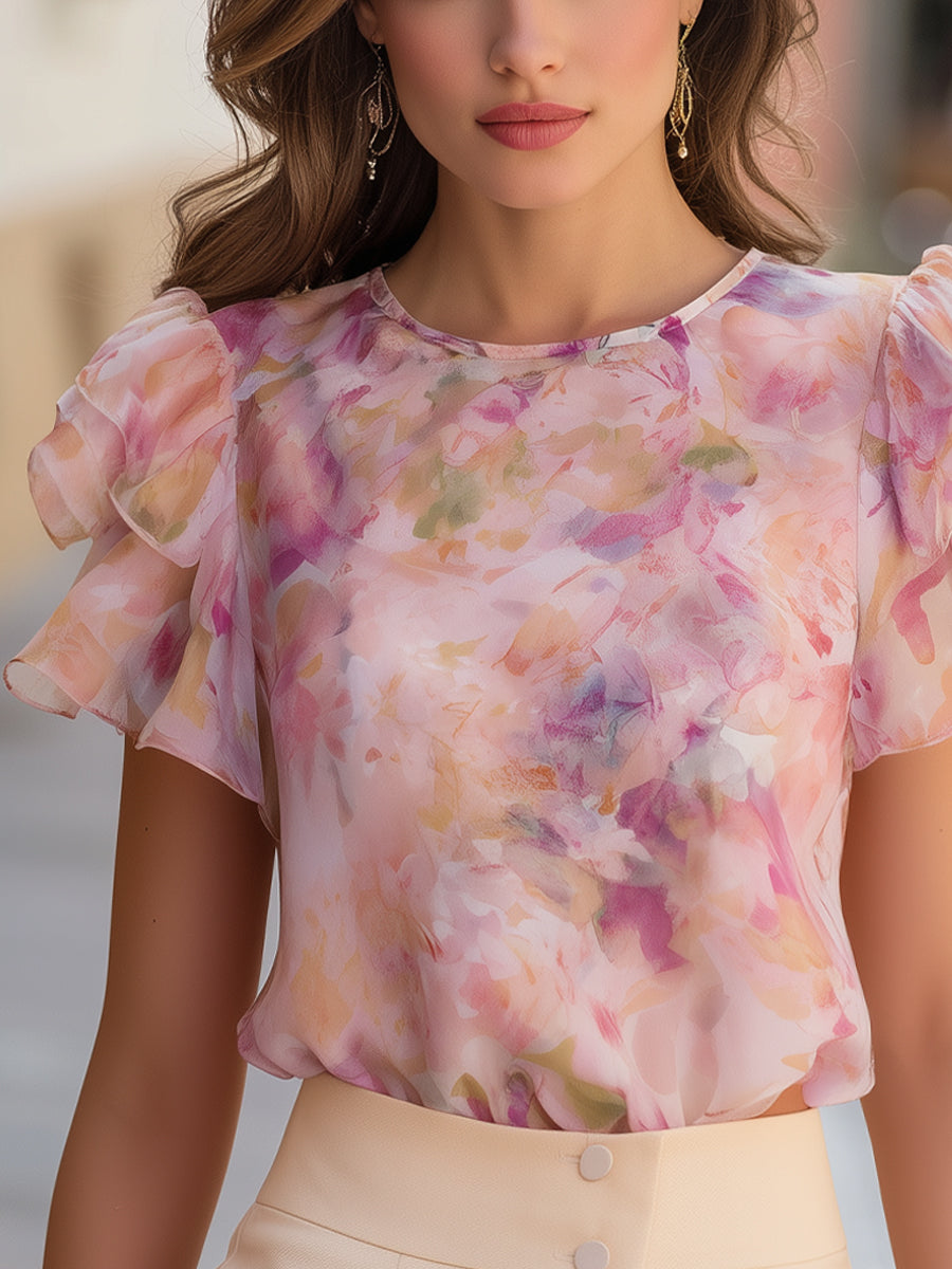 Watercolor Floral Flutter Sleeve Chiffon Blouse