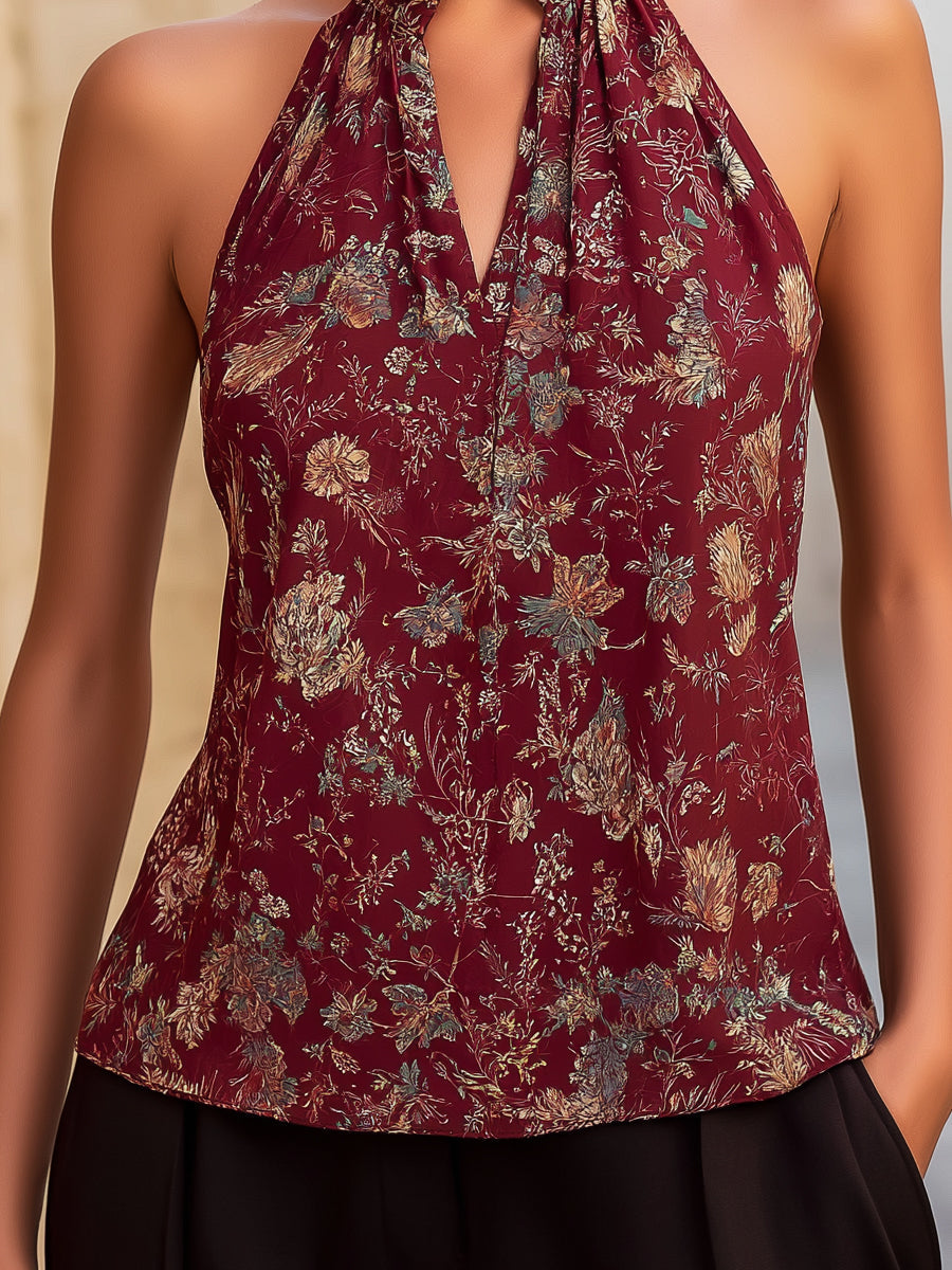Halter-Neck Botanical Print Blouse With Keyhole Detail