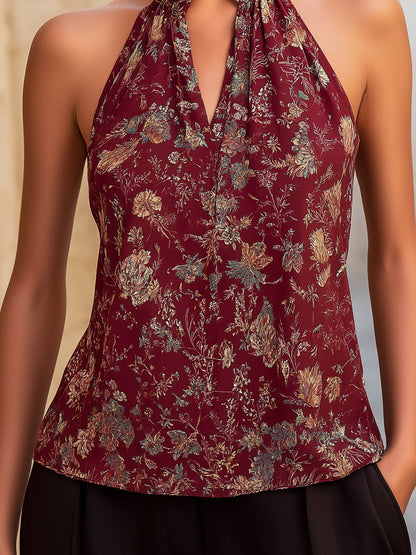 Halter-Neck Botanical Print Blouse With Keyhole Detail