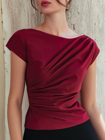Asymmetrical Ruched Satin-Finish Top