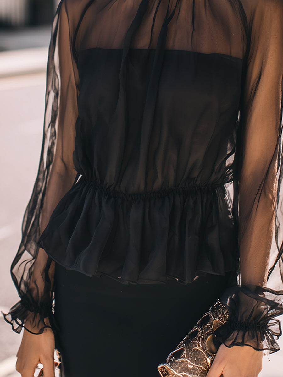 Sheer High Neck Long Sleeve Blouse