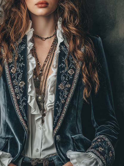 Retro Floral Embroidered Velvet Blazer with Cuffs