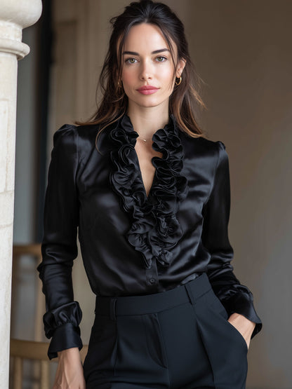 Black Satin Ruffled V-Neck Long Sleeve Blouse