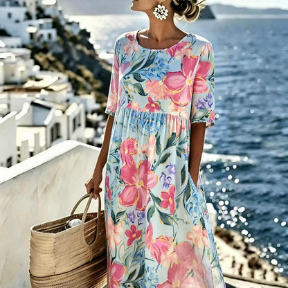 Evie™ - Elegant Midi Dress with Summer Flowers