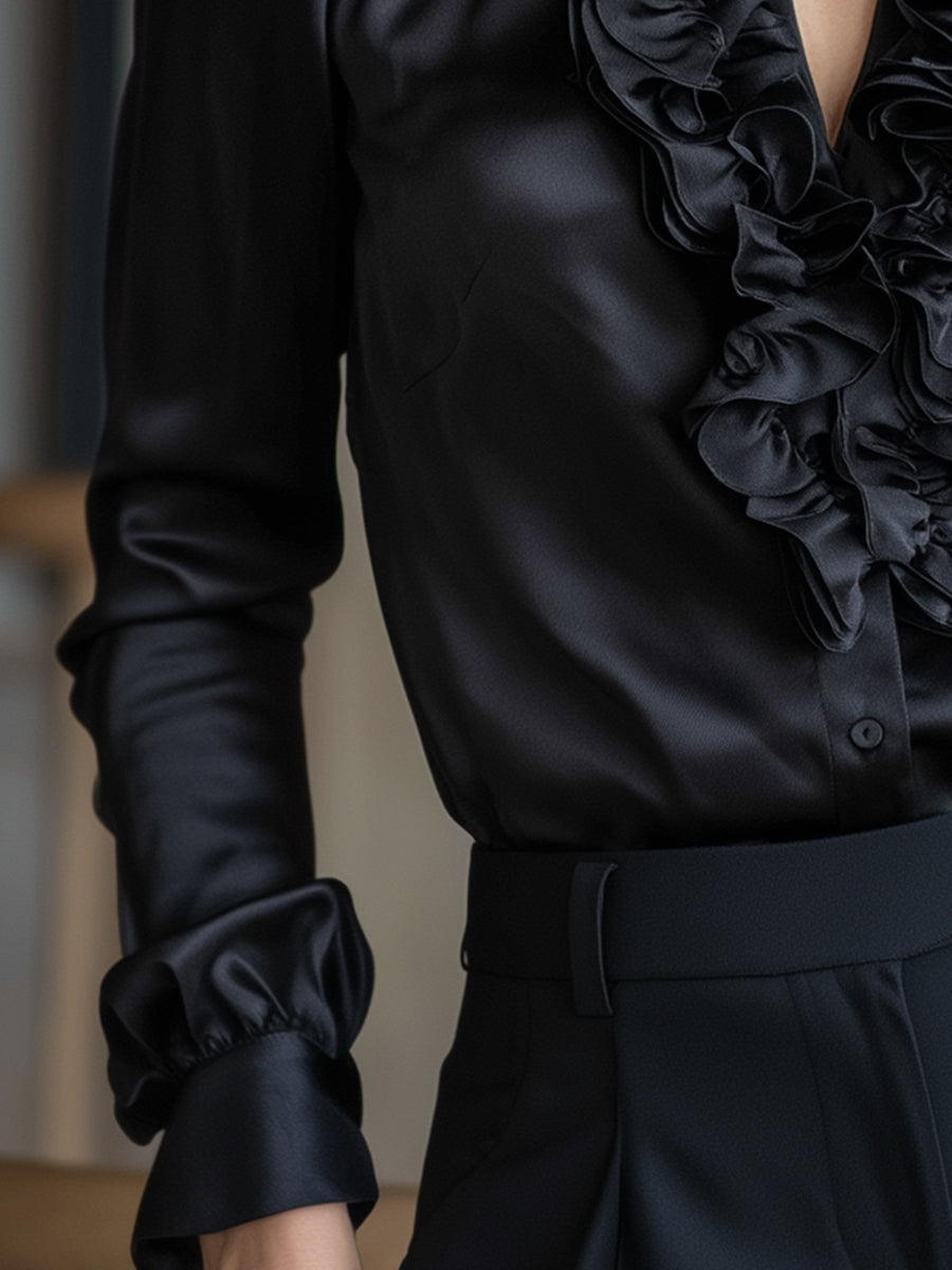 Black Satin Ruffled V-Neck Long Sleeve Blouse