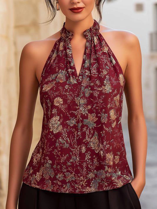 Halter-Neck Botanical Print Blouse With Keyhole Detail