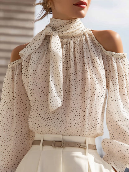 Polka Dot Cold-Shoulder Chiffon Blouse With Scarf Tie
