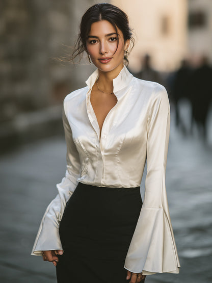 Vintage-Inspired Bell-Sleeve Satin Blouse
