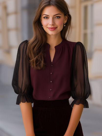 Sheer Puff Sleeve Button-Up Blouse