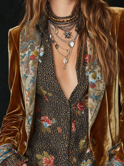 Retro Floral Patchwork Velvet Blazer with Lapel Detail