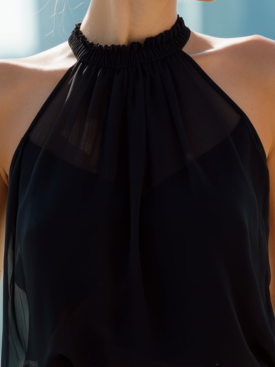 Black Halter Neck Chiffon Sleeveless Top