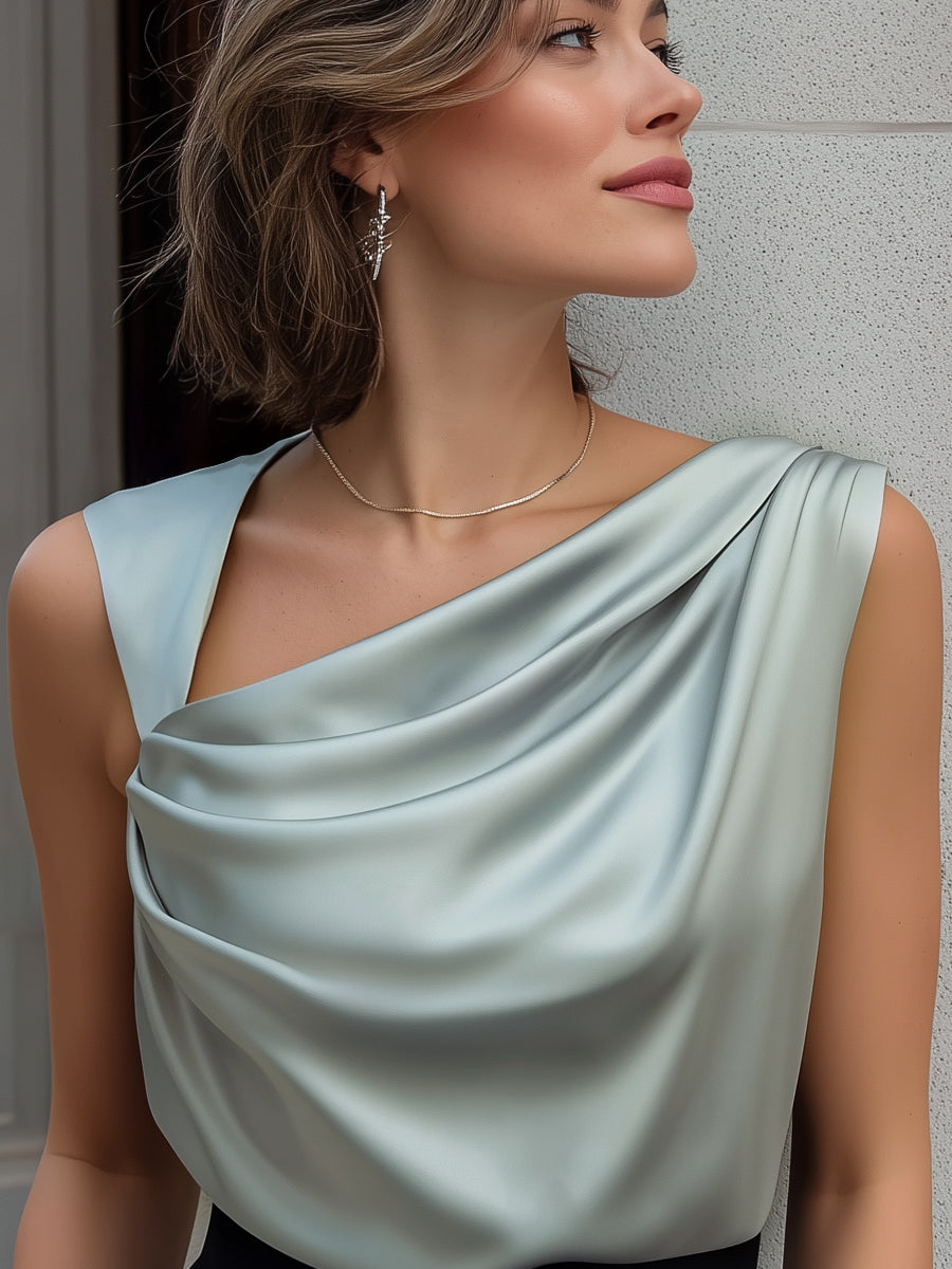 Elegant Sleeveless Satin Draped Neck Blouse