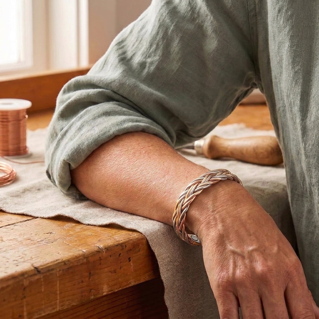 Woman wearing the Aureate copper bracelet