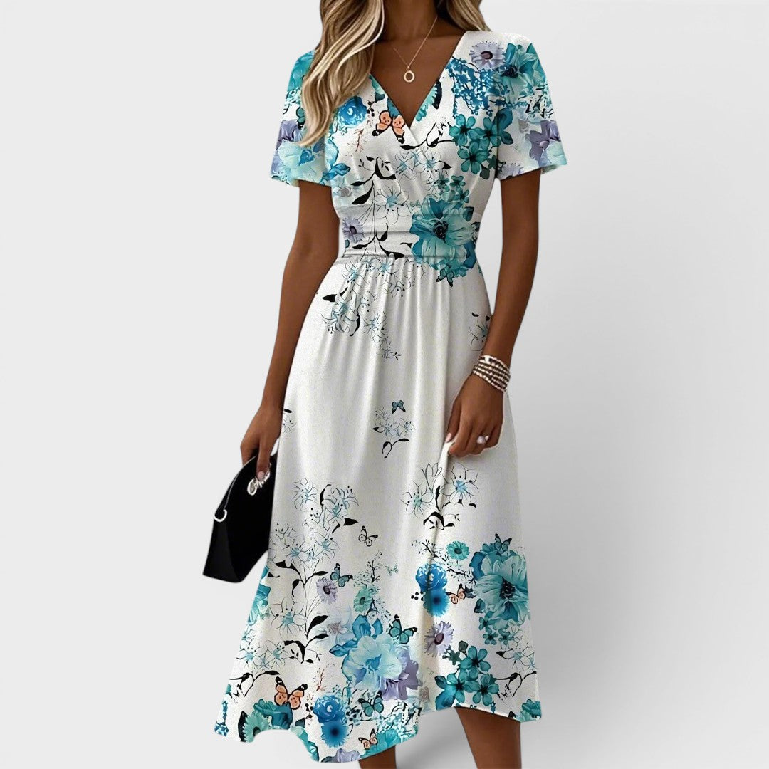 Seraphina | Midi Dress with Flared Sleeves in Blue Floral
