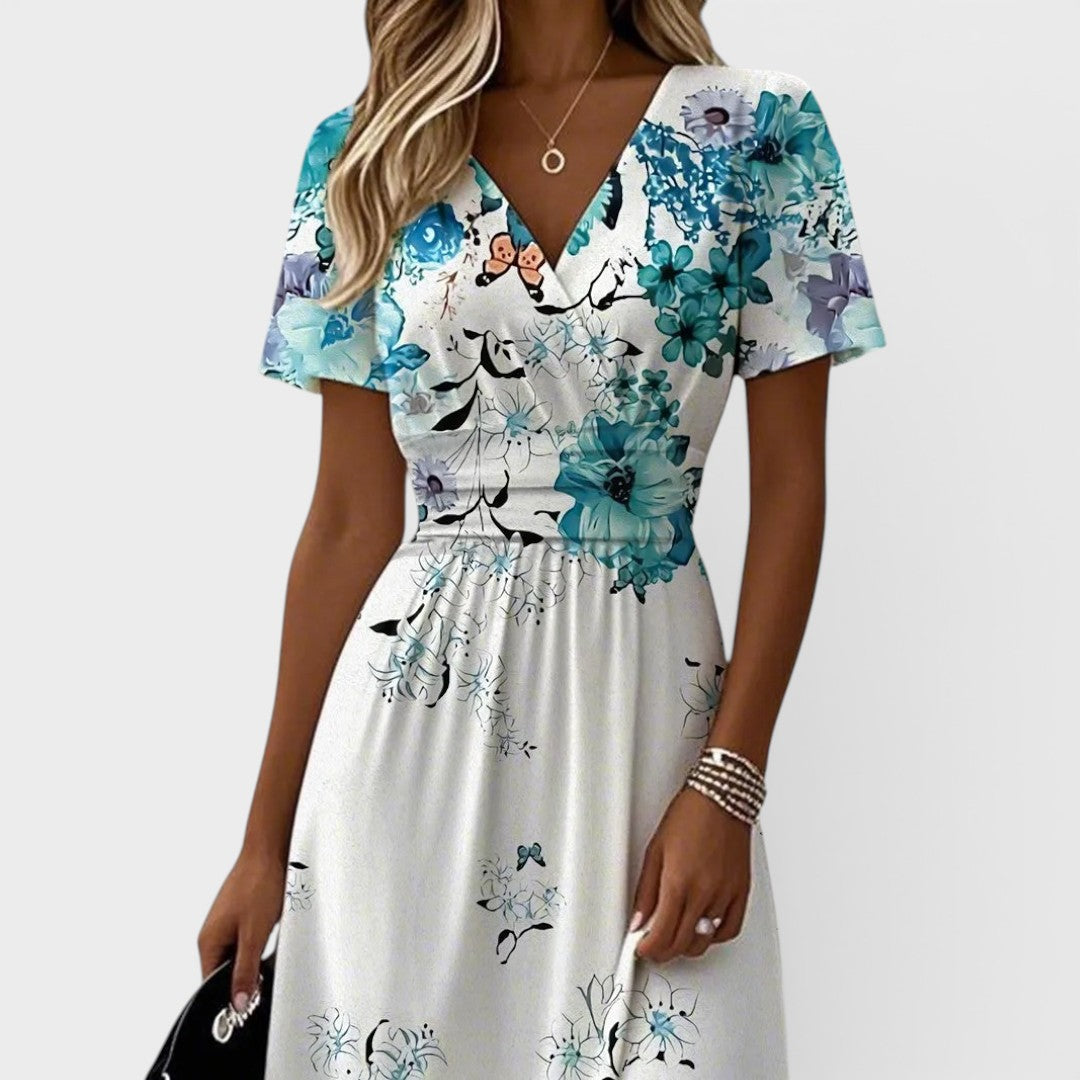 Seraphina | Midi Dress with Flared Sleeves in Blue Floral